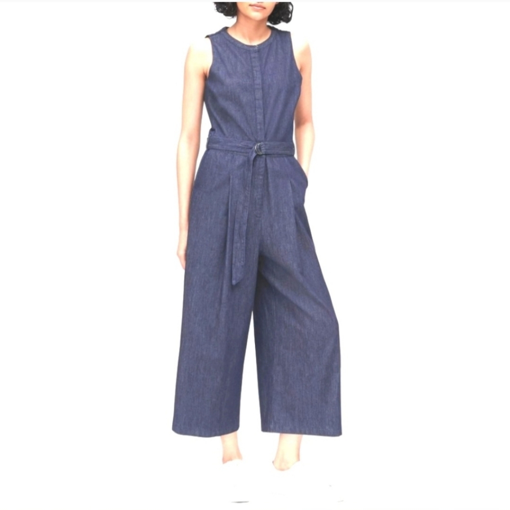 BANANA REPUBLIC Sleeveless Dark Blue Denim Wide Leg  Cropped Jumpsuit Petite‎ 0